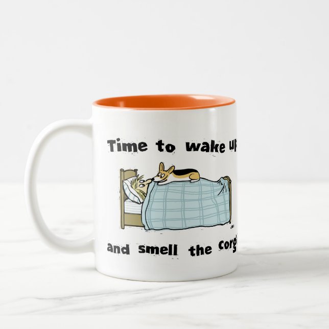 Zeit zum Weck und Riechen des Corgi Funny Cartoon Zweifarbige Tasse (Links)
