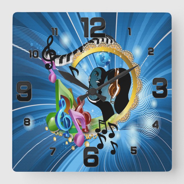 Zeiten für Musikspielen Quadratische Wanduhr (Vorderseite)