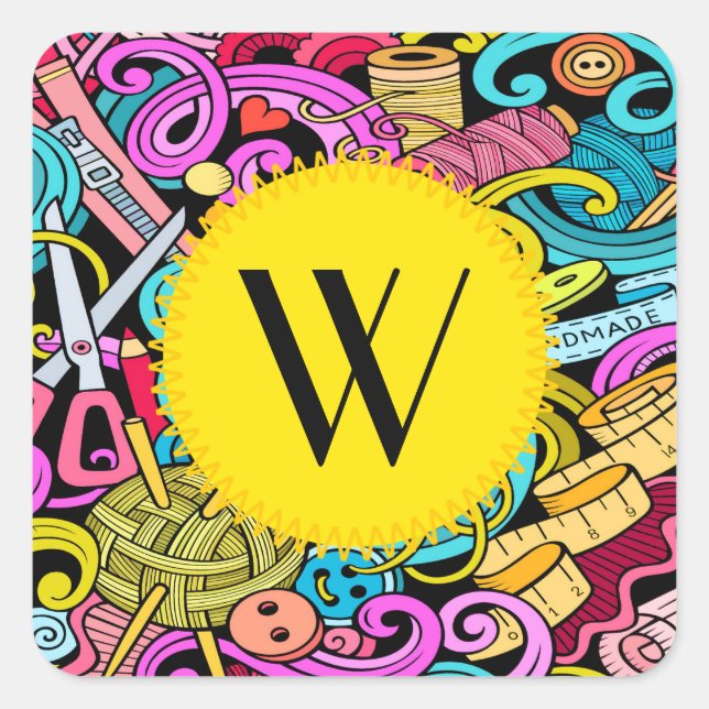 Zeitgemäße Nähen und Anheften von Aufklebern Quadratischer Aufkleber (Vorderseite)