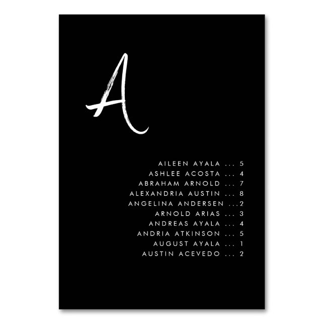 Zeitgenössische Alphäische Schwarze Sitzkarte Tischnummer (Vorderseite)