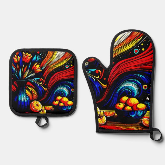 Zeitgenössische Blume und Orangen-Nachtschwärme Ofenhandschuh & Topflappen-Set (Vorderseite)