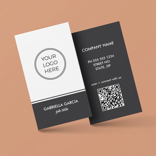 Zeitgenössische Graue QR-Code-Logo-Visitenkarte Visitenkarte (Card shown in 3.5x2 inches. Personalize and choose size, corner + paper style)