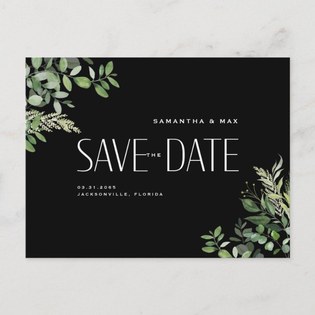 Zeitgenössische grüne Schwarze Hochzeit speichern  Ankündigungspostkarte (Vorderseite)