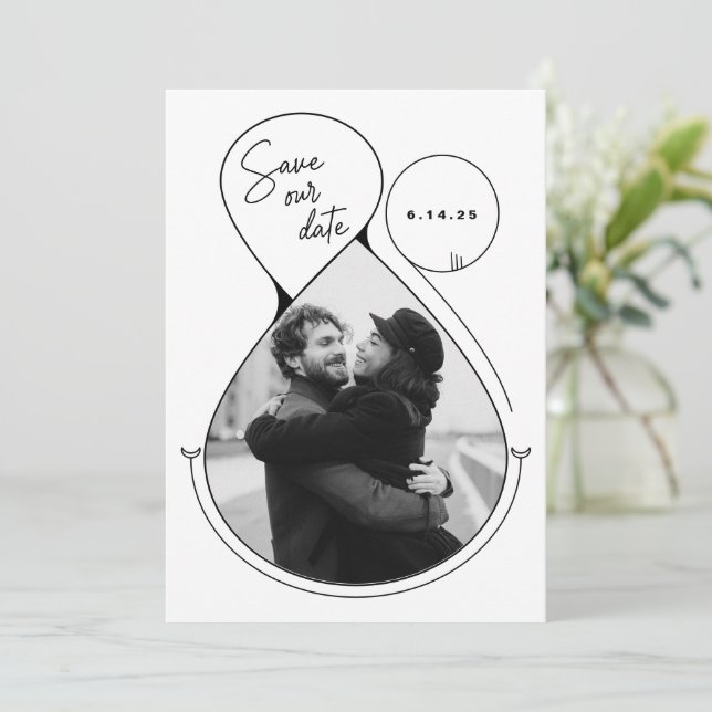 Zeitgenössische Linie Art Schwarz-weißes Foto Einz Save The Date (Stehend Vorderseite)