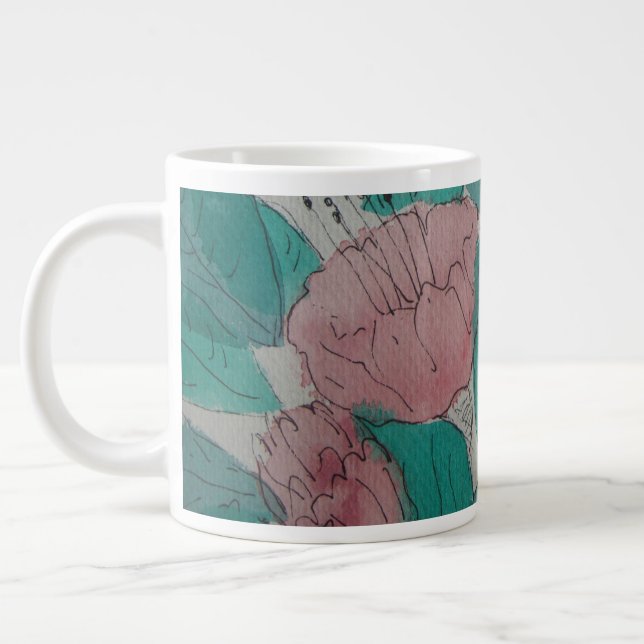 zeitgenössische skizzenhafte rosa Blume und Blätte Jumbo-Tasse (Links)