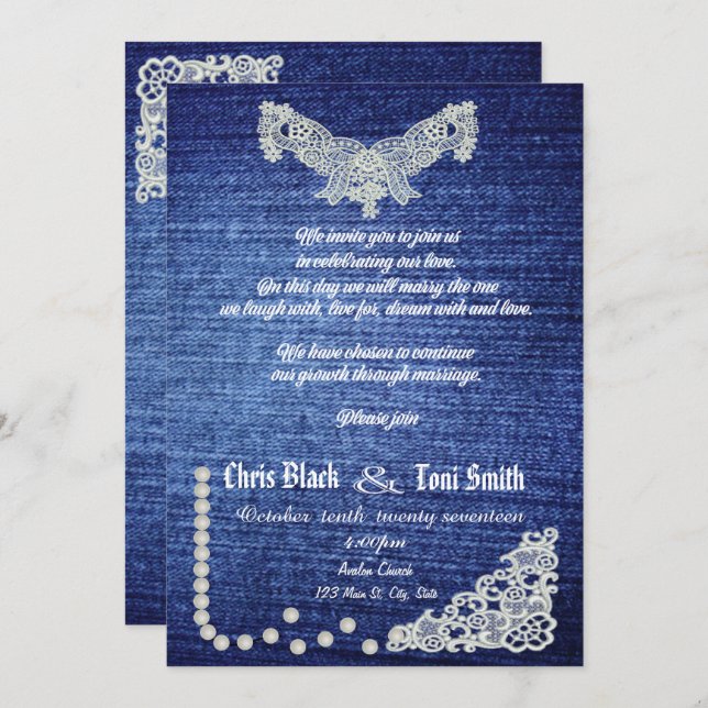 Zeitgenössischer Denim, Pearls & Lace Wedite Einla Einladung (Vorne/Hinten)
