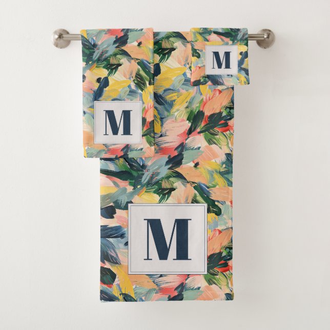 Zeitgenössischer Pfirsich und Abstrakt blauer Blüm Badhandtuch Set (Insitu)