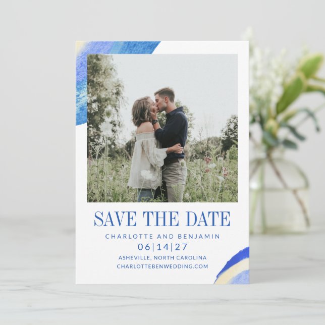 Zeitgenössisches Abstraktes Blue Paint Swirl Foto Save The Date (Stehend Vorderseite)