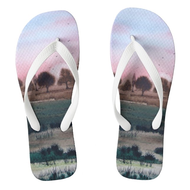 zeitgenössisches abstraktes Sonnenuntergangsdesign Flip Flops (Fußbett)