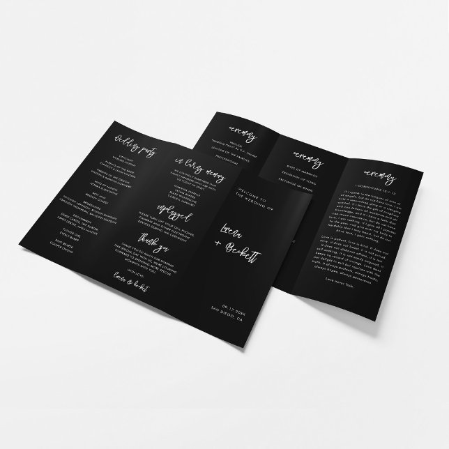 Zeitgenössisches Black Trifold-Hochzeitsprogramm Flyer (Von Creator hochgeladen)