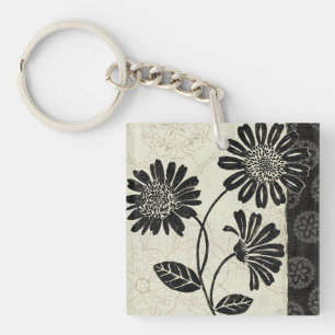 Zeitgenössisches Blumen in Schwarzweiss Schlüsselanhänger