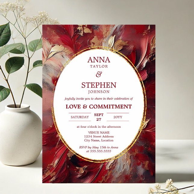 Zeitgenössisches Burgund-Elegance-Verpflichtungser Einladung (Contemporary Elegance in Burgundy brushstroke Commitment Ceremony invitation front in situ)