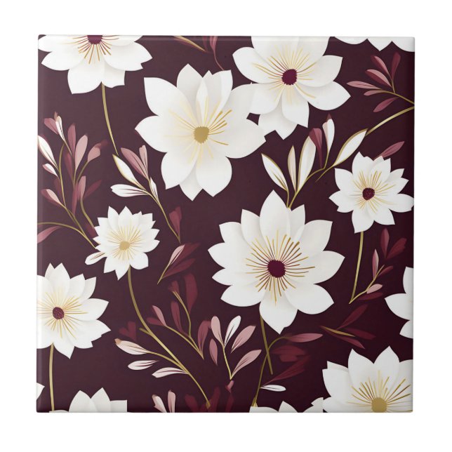 Zeitgenössisches Burgund floral botanisch Fliese (Vorderseite)