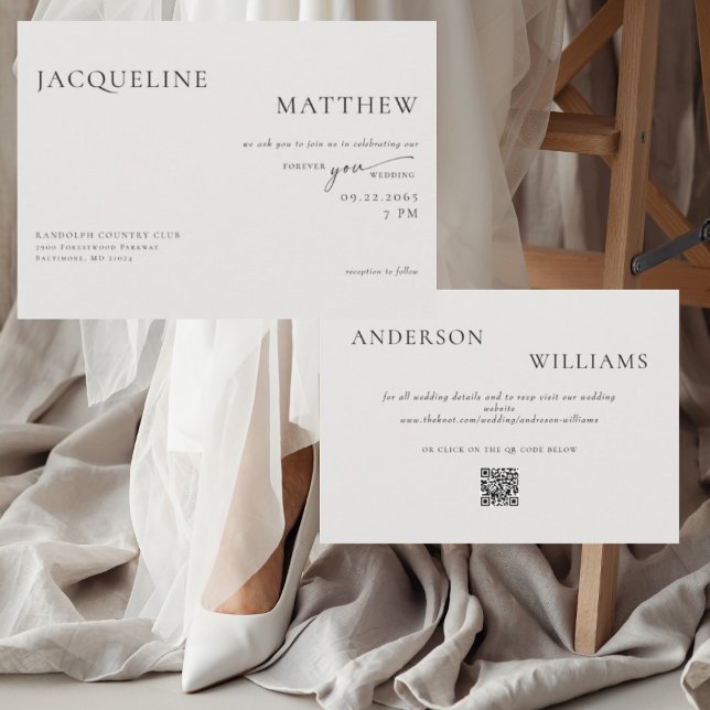 Zeitgenössisches Forever You Beige QR Code Hochzei Einladung (Von Creator hochgeladen)