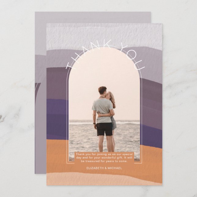 Zeitgenössisches Mauve Orange Streifen FOTO DANKE Einladung (Vorne/Hinten)