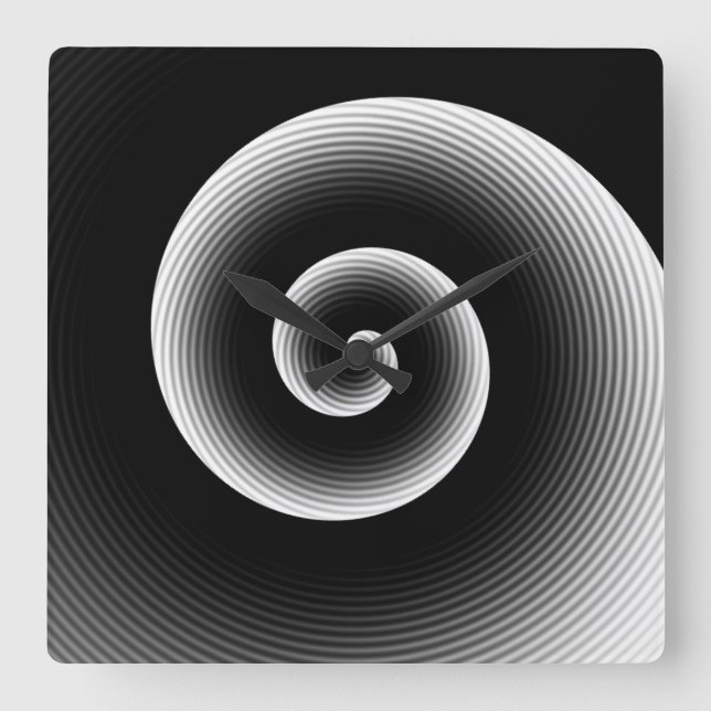 Zeitgenössisches Schwarz-Weiß Stilvolles Twirl-Mus Quadratische Wanduhr (Vorderseite)