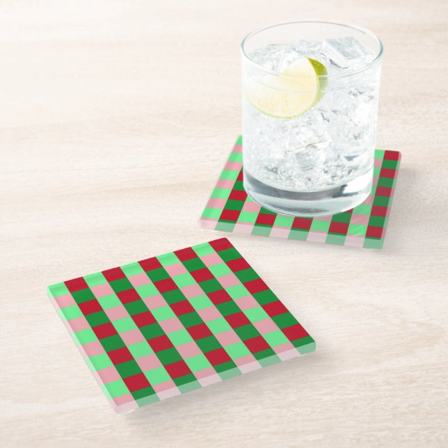 Zeitgenössisches Weihnachts-Karo-Muster  Glasuntersetzer (Schrägansicht)