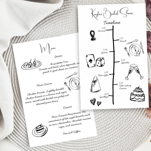 Zeitleiste des Brautparty mit Handzeichnung (Hand drawn scribble sketch minimalist handwriting black and white bridal shower timeline menu card)