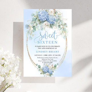 Zeitlos blaue florale goldene Sweet 16 Geburtstags Einladung