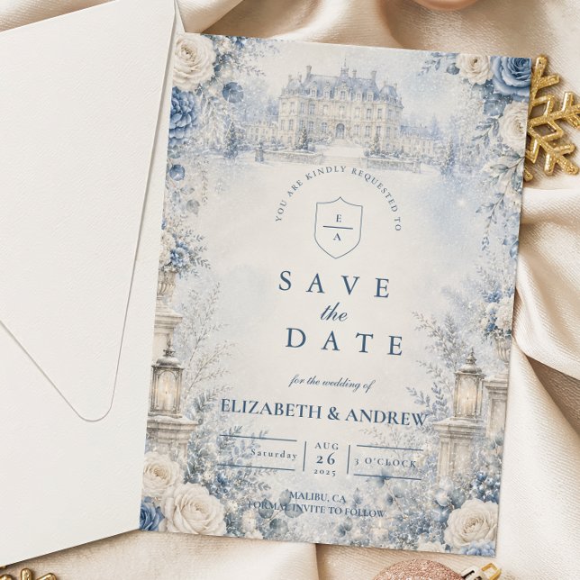 Zeitlos blaue Winterhochzeit Save The Date (Von Creator hochgeladen)
