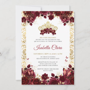 Zeitlos Burgund Floral Gold Arch Quinceanera Einladung