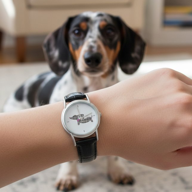Zeitlos Dackel Charm: Graues Kariertes Lederband Armbanduhr (Plaid dachshund watch for wiener dog moms)