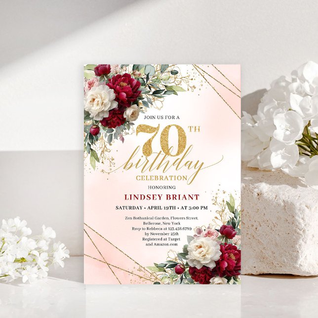 Zeitlos goldene florale Einladung zum siebzigsten  (Timeless Gold Floral Seventieth Birthday Invitation)