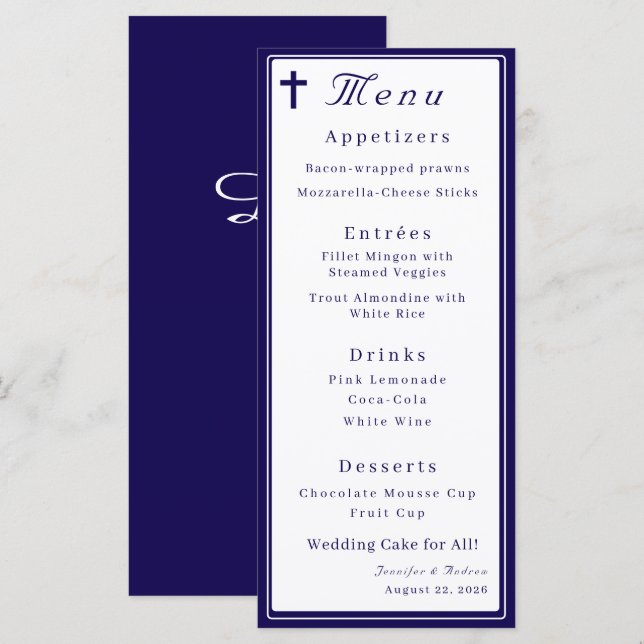 Zeitlos katholisches monogrammiertes Hochzeit Menükarte (Vorne/Hinten)