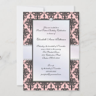 Zeitlos Schwarz & Rosa Damask Sweet 16 Party Einladung