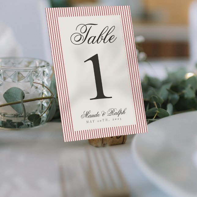 Zeitlose Alt Geld Red Stripe Hochzeit Tischnummer (Guide guests to their seats using these Timeless Old Money Thin Stripe Wedding Table Numbers! )