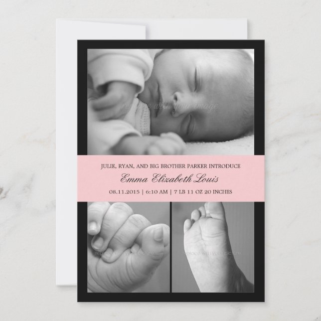 Zeitlose Band-Geburtsankündigung - Rosa Ankündigung (Vorderseite)