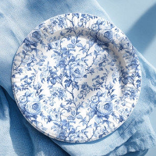 Zeitlose blaue französische Toile-Rosen Blumen-Pap Pappteller