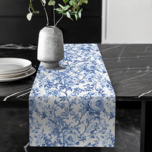 Zeitlose blaue französische Toile-Rosen Blumen Tis Großer Tischläufer