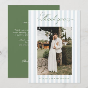 Zeitlose blaue Streifen Sagegrüne Schrift Hochzeit Dankeskarte