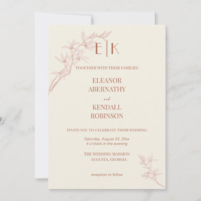 Zeitlose Blume Monogram Wedding Einladung (Vorderseite)