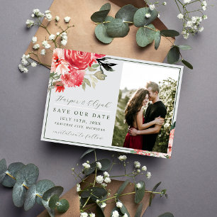 Zeitlose Blütenrot-grüne Hochzeit Save The Date