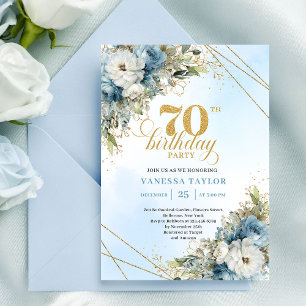 Zeitlose bohemian blaue Blumen Gold 70. Geburtstag Einladung