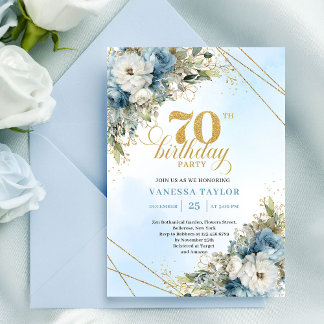Zeitlose bohemian blaue Blumen Gold 70. Geburtstag Einladung