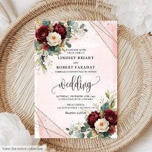 Zeitlose Boho Maroon Gold Blush Rose Hochzeit Einladung