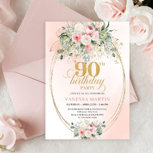 Zeitlose Boho-Rosa Rosen Gold 90. Geburtstag Einladung