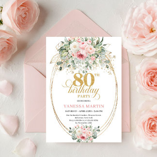 Zeitlose Boho-Rosa Rosen Minimal 80. Geburtstag Einladung