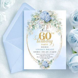 Zeitlose Boho-Staubblau Blumen Gold 60. Geburtstag Einladung