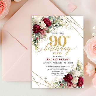 Zeitlose Burgunder- und weiße Rosen 90. Geburtstag Einladung