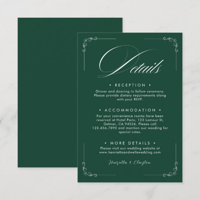 Zeitlose Elegance Emerald Green Details Card Begleitkarte (Vorne/Hinten)