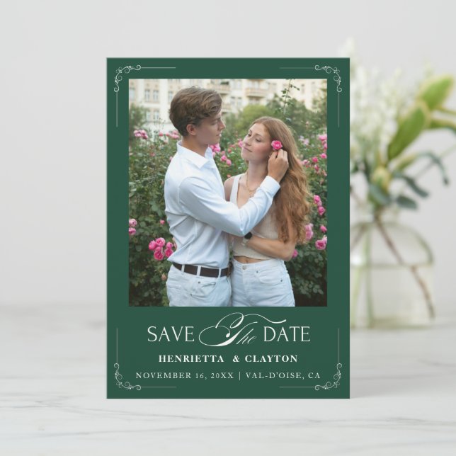 Zeitlose Elegance Emerald Green Save The Date (Stehend Vorderseite)