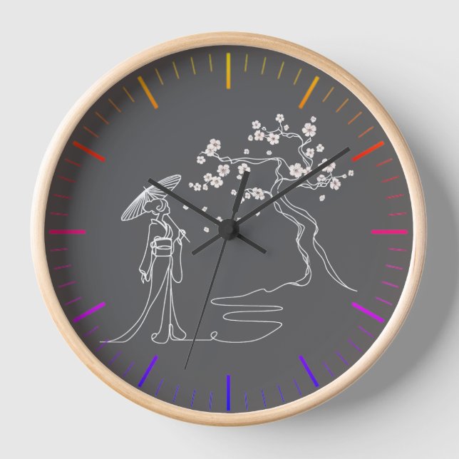 Zeitlose Eleganz: Kimono Woman & Sakura Wall Cloc Uhr (Vorderseite)