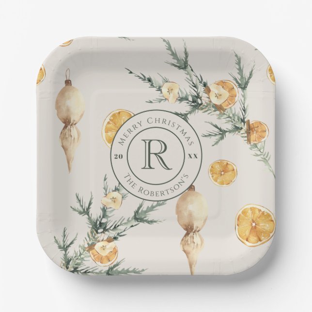 Zeitlose Eleganz: Mit Monogramm Weihnachten Pappteller (Vorderseite)