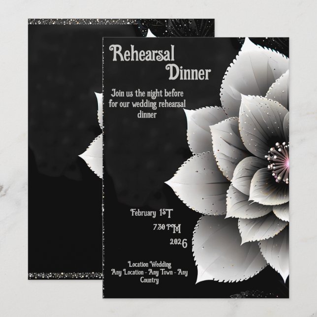 Zeitlose Eleganz: Schwarz & Silber Blossom Hochzei Einladung (Vorne/Hinten)