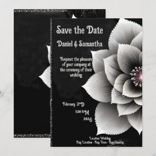 Zeitlose Eleganz: Schwarz & Silber Blossom Hochzei Einladung