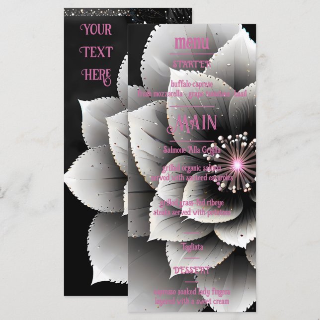 Zeitlose Eleganz: Schwarz & Silber Blossom Hochzei Menükarte (Vorne/Hinten)